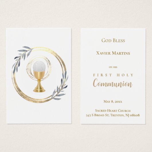 First Communion dusty blue leaves remembrance card (Devant & derrière)