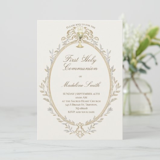 first communion elegant beige frame kaart (Staand voorkant)