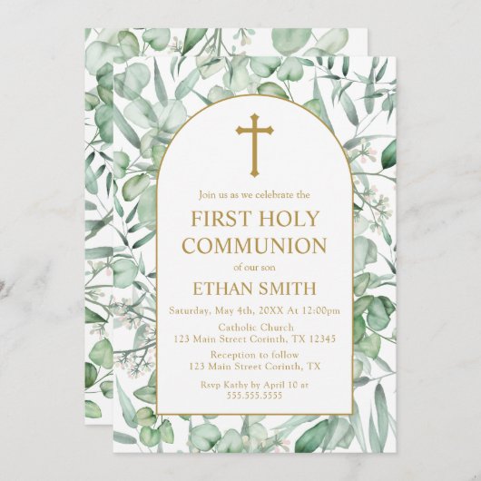 First Communion Eucalyptus leaves Invitation (Devant / Derrière)