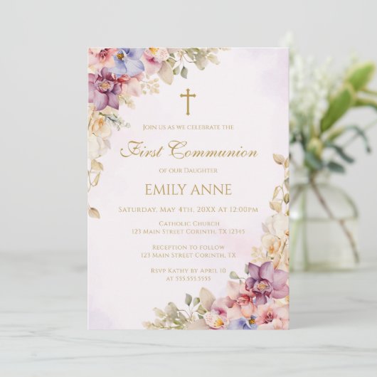 First Communion Floral Orchids Invitation (Debout devant)