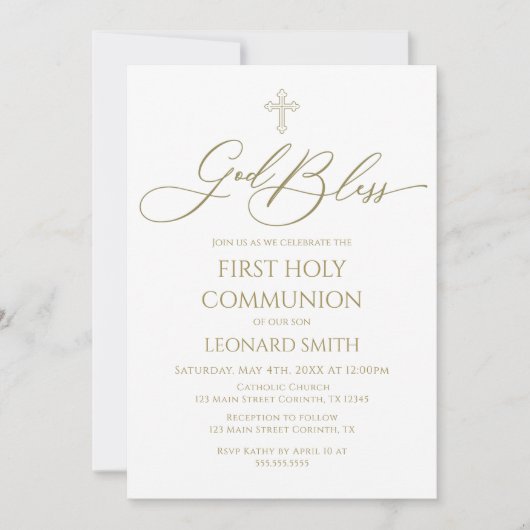 First Communion God Bless gold Invitation (Devant)