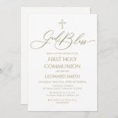 First Communion God Bless gold Invitation (Devant / Derrière)