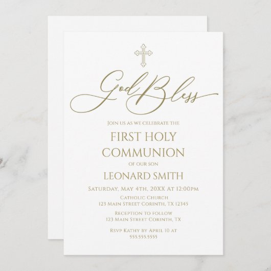 First Communion God Bless gold Invitation (Devant / Derrière)