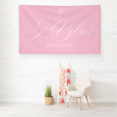 First Communion God Bless Pink banner backdrop (Insitu)