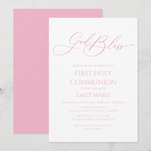First Communion God Bless pink Invitation (Devant / Derrière)