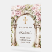 First Communion Pink Florals Arch Cross Welcome (Angle)