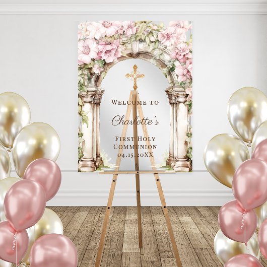 First Communion Pink Florals Arch Cross Welcome