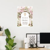 First Communion Pink Florals Arch Cross Welcome Poster (Thuiskantoor)