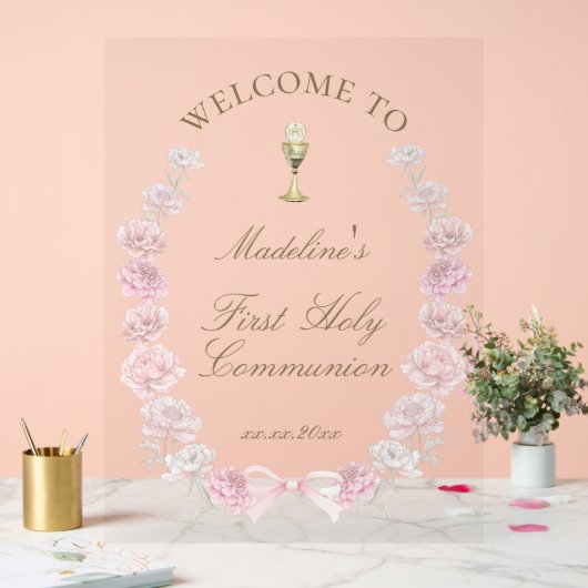 First Communion pink peonies welcome (Mariage)