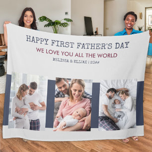 First Fathers Day Grijs en Blauw 3 Foto Fleece Deken