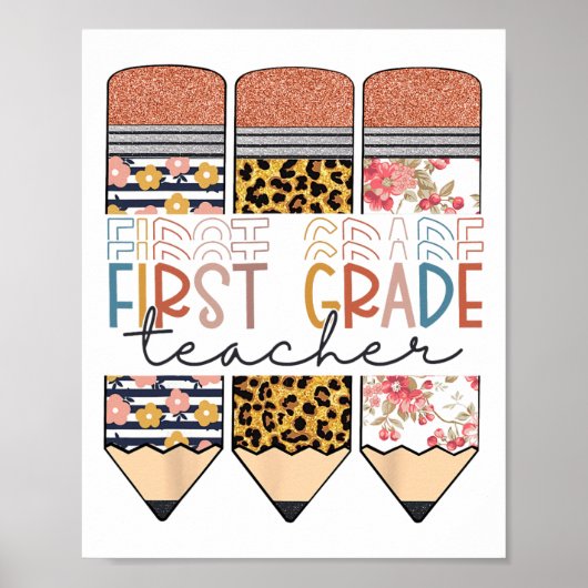 First Grade Teacher Leopard Pencil Happy First Day Poster (Voorkant)