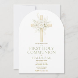 First Holy Communion Arched Invite, Floral Cross  Kaart