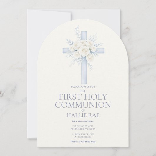 First Holy Communion, Blue Floral Cross Arched Kaart (Voorkant)