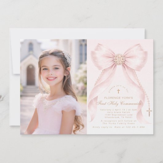 First Holy Communion Blush Pink Bow Christian Kaart (Voorkant)