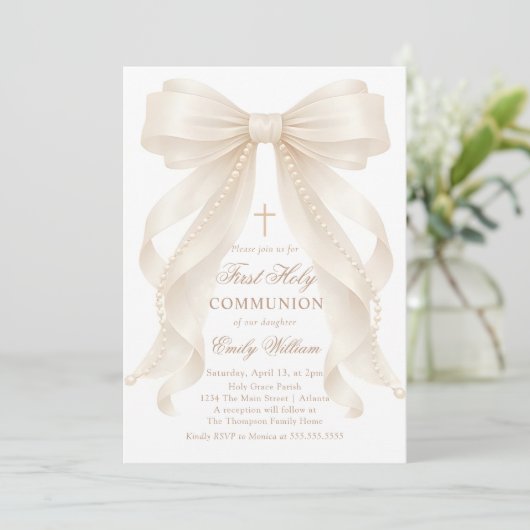First Holy Communion Bow Pearls Invitation (Debout devant)