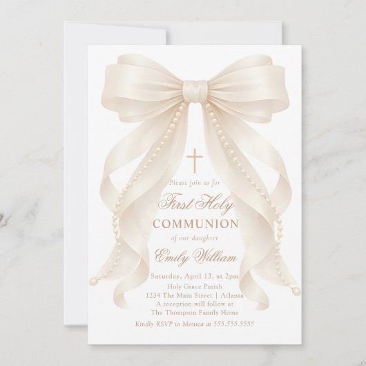 First Holy Communion Bow Pearls Invitation Kaart (Voorkant)