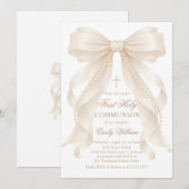 First Holy Communion Bow Pearls Invitation Kaart (Voorkant / Achterkant)