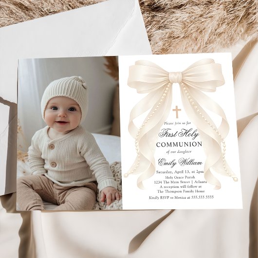 First Holy Communion Bow Pearls Photo Invitation Kaart