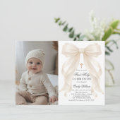 First Holy Communion Bow Pearls Photo Invitation Kaart (Staand voorkant)