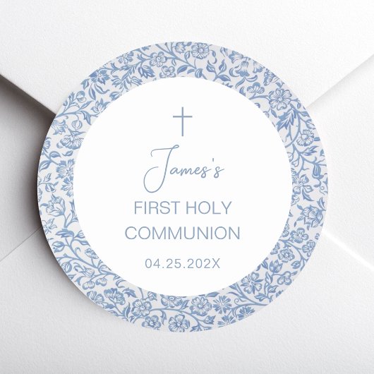 First Holy Communion Boy Blue White Floral Pattern Ronde Sticker