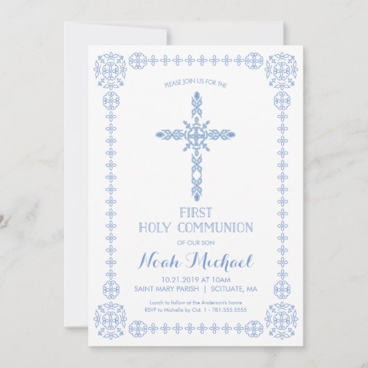 First Holy Communion Boys Invitation Elegant Cross (Devant)