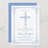 First Holy Communion Boys Invitation Elegant Cross (Devant / Derrière)