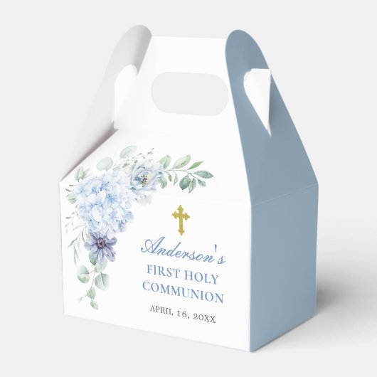 First Holy Communion Dusty Blue Floral Bedankdoosjes (Voorkant Zijde)