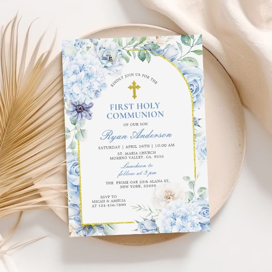 First Holy Communion Dusty Blue Floral Kaart