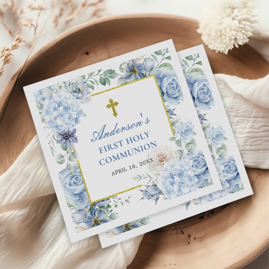 First Holy Communion Dusty Blue Floral Servet