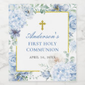First Holy Communion Dusty Blue Floral Wijn Etiket (Enkel label)