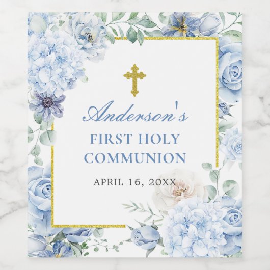 First Holy Communion Dusty Blue Floral Wijn Etiket (Enkel label)