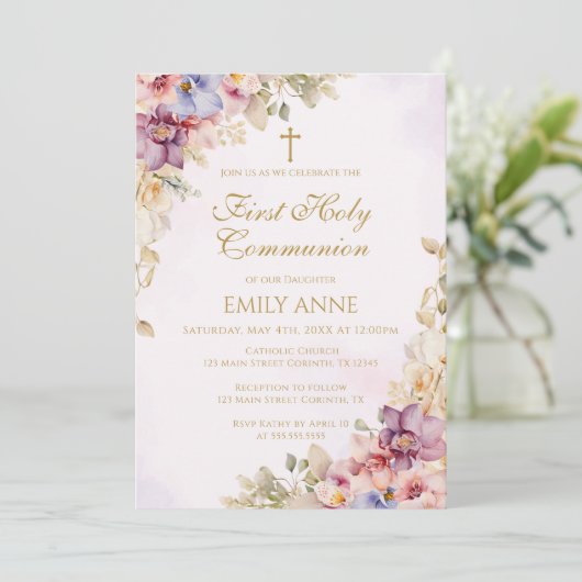 First Holy Communion Floral Orchids Invitation (Debout devant)