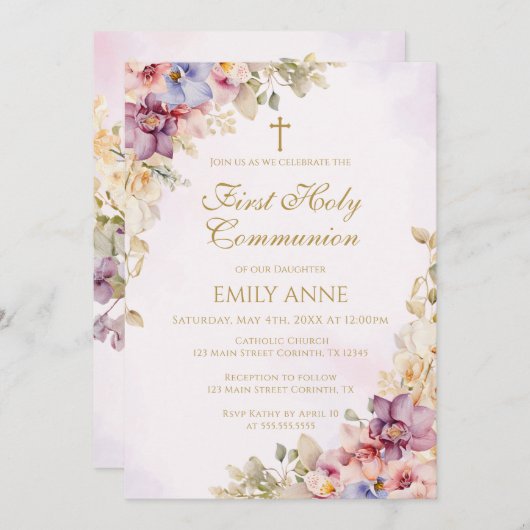 First Holy Communion Floral Orchids Invitation (Devant / Derrière)