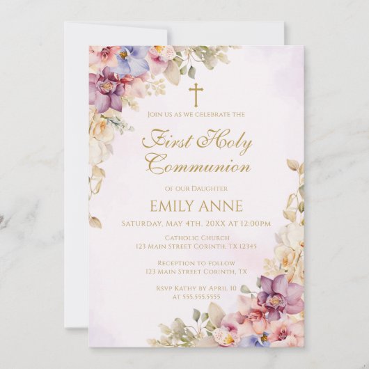 First Holy Communion Floral Orchids Invitation Kaart (Voorkant)