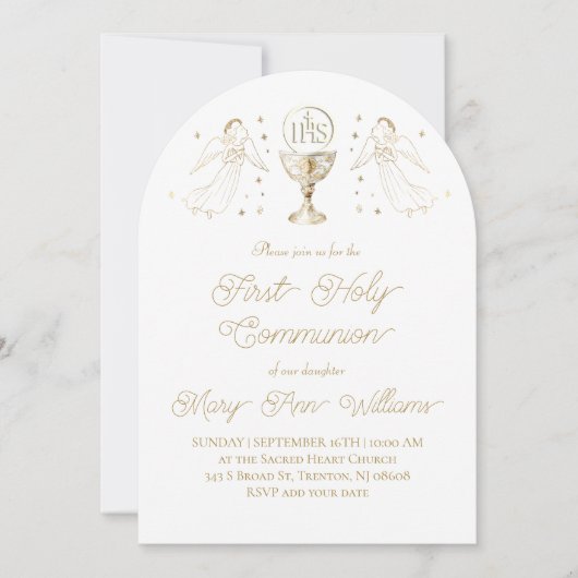First Holy Communion golden angels Invitation (Devant)