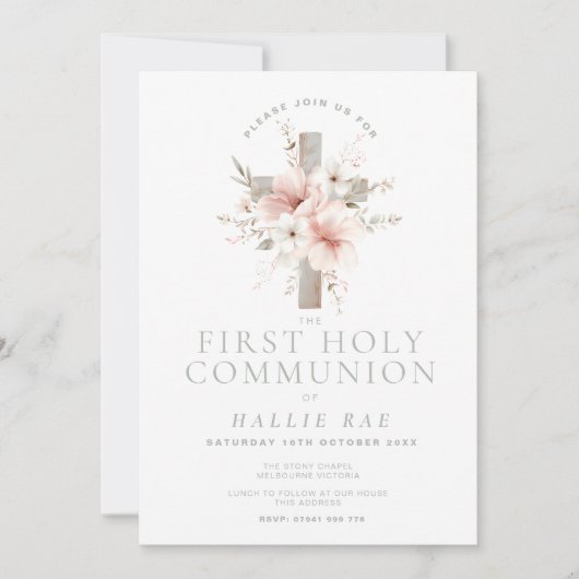 First Holy Communion Invitation, Floral Cross Kaart (Voorkant)