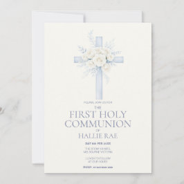 First Holy Communion Invite, Blue Floral Cross Kaart