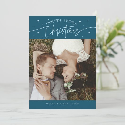 First Married Christmas Newlywed Photo Teal Feestdagenkaart (Staand voorkant)