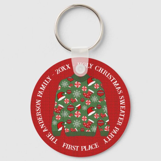 First Place Red Green Ugly kerstSweater Sleutelhanger (Voorkant)