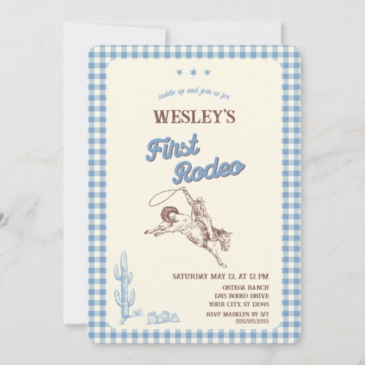 First Rodeo Blue Plaid First Birthday Invitation (Devant)