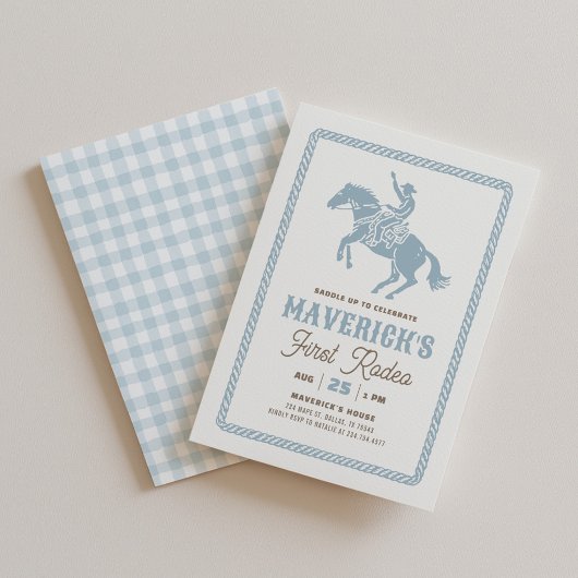 First Rodeo Boy Blue Gingham 1st Birthday Kaart