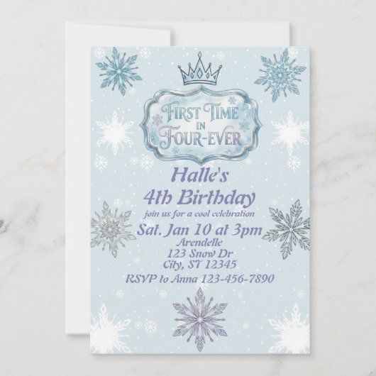 First Time Four-Ever Snowflake Birthday Invitation (Devant)