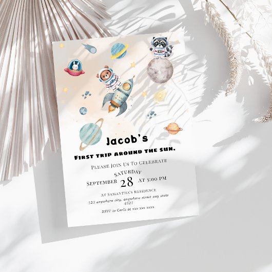 First Trip Around the Sun space Animals Birthday  Kaart