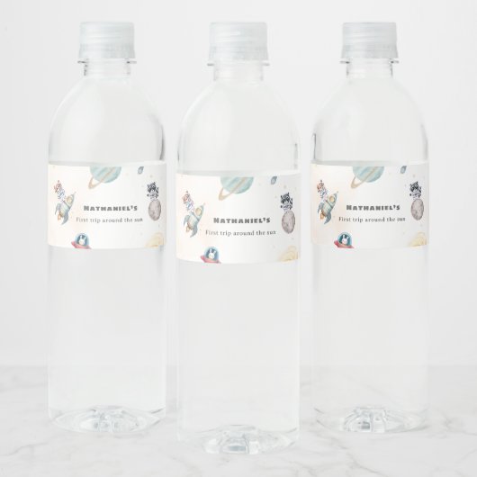 First Trip Around the Sun space animals Birthday  Waterfles Etiket (Flessen)