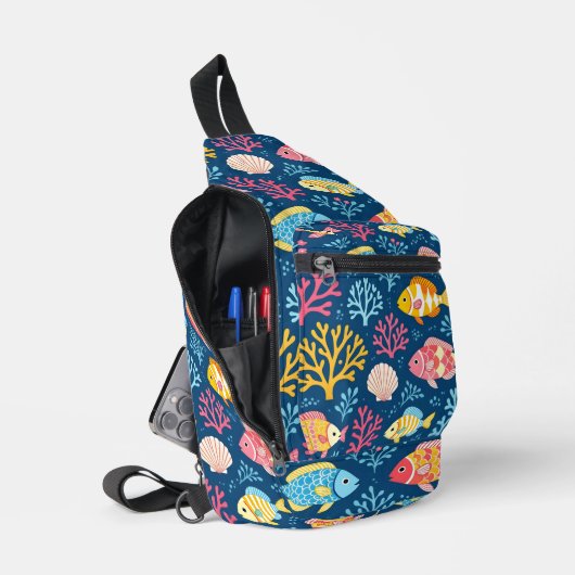 Fish and coral nautical blue sling bag (Open)