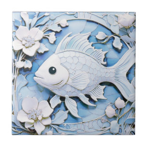 Fish Art Nouveau Faux Relief Blue Zee Ocean Life Tegeltje