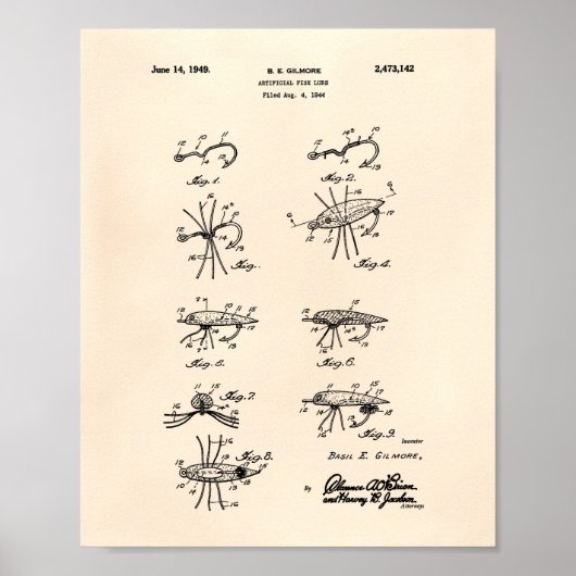 Fish Lure 1949 Patent Art Old Peper Poster (Voorkant)