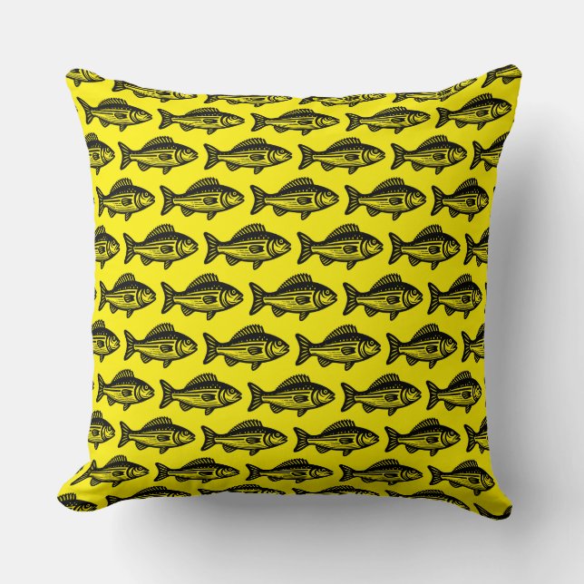 Fish Pattern - Zwart op Heldergeel Kussen (Voorkant)