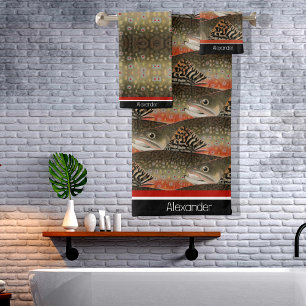 Fisherman Brook Forel Vis Ontwerp Zwart Wit Roest Bad Handdoek