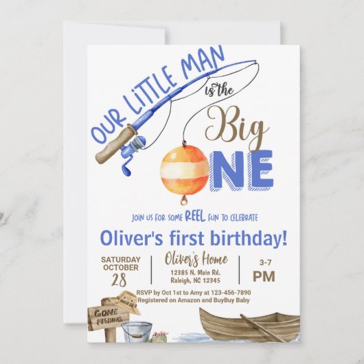 Fisherman / fishing boy 1st birthday invitation. kaart (Voorkant)